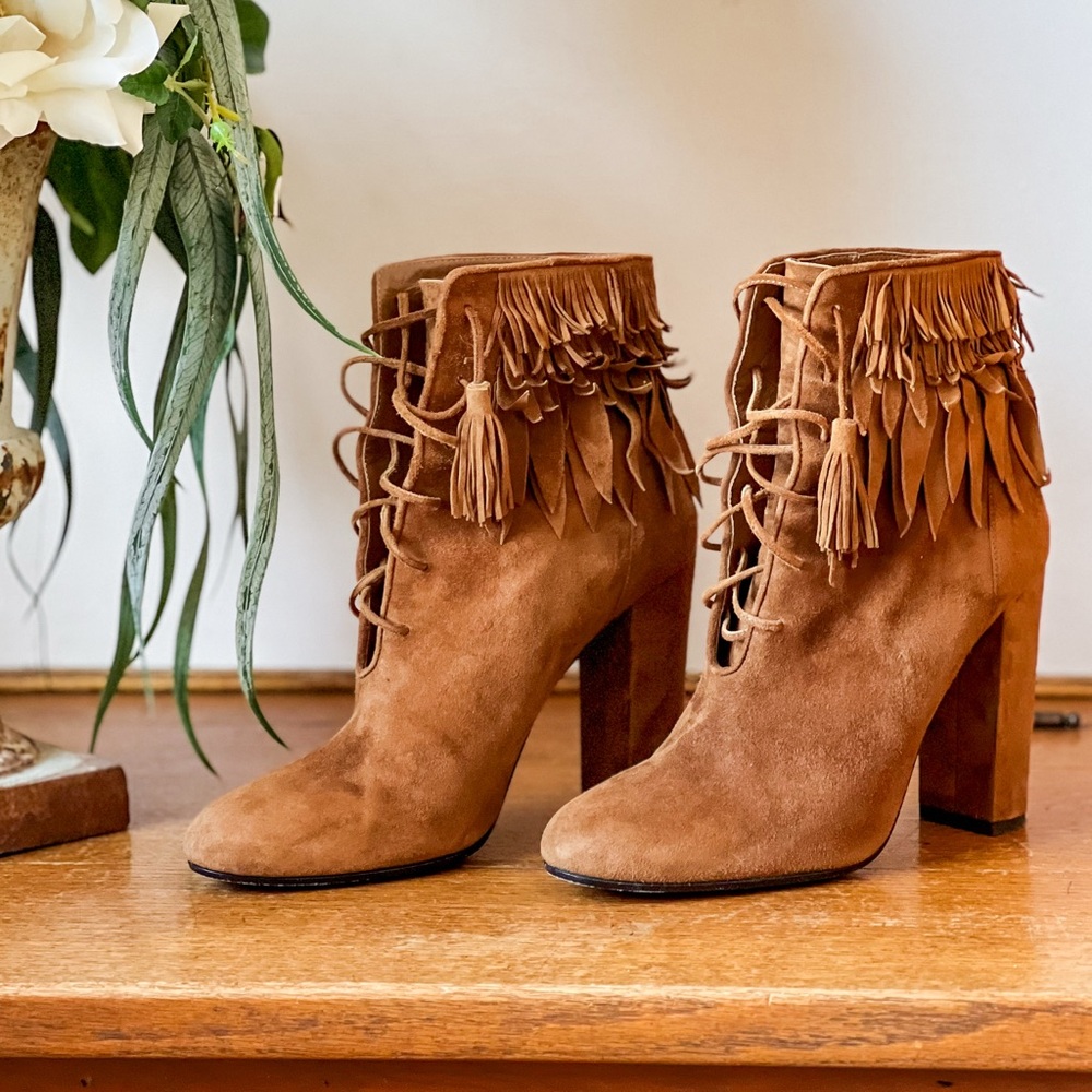 Aquazzura Woodstock  Brown Suede Fringe Booties Size 41 US Size 10 - Picture 4 of 6